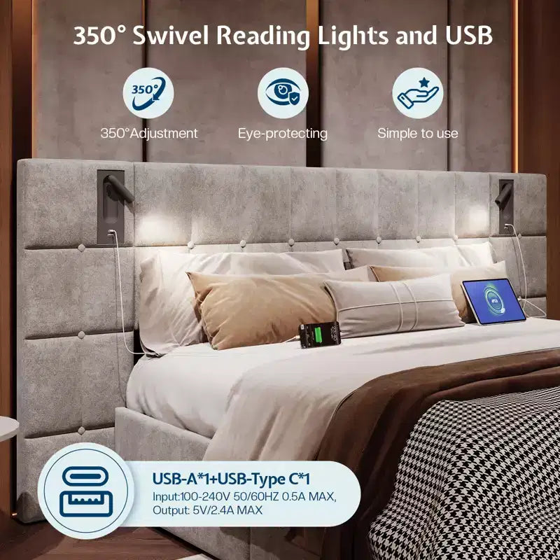Struttura Letto Imbottita in Velluto con Testiera Larga, Contenitore Sollevabile e LED Integrati