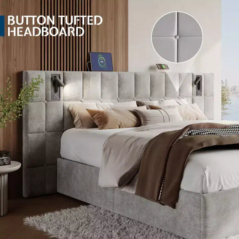 Struttura Letto Imbottita in Velluto con Testiera Larga, Contenitore Sollevabile e LED Integrati