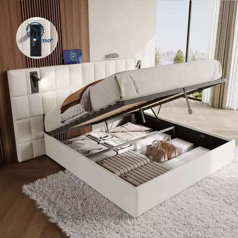 Upholstered Velvet Bed Frame with Wide Headboard, Lift-Up Storage & Built-in LED