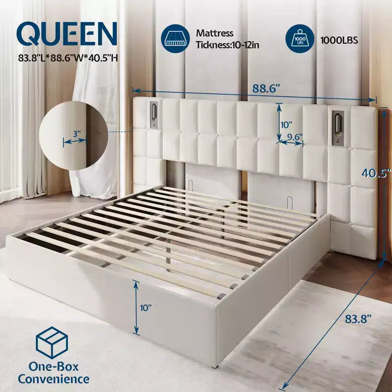 Upholstered Velvet Bed Frame with Wide Headboard, Lift-Up Storage & Built-in LED