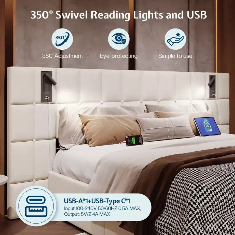 Upholstered Velvet Bed Frame with Wide Headboard, Lift-Up Storage & Built-in LED