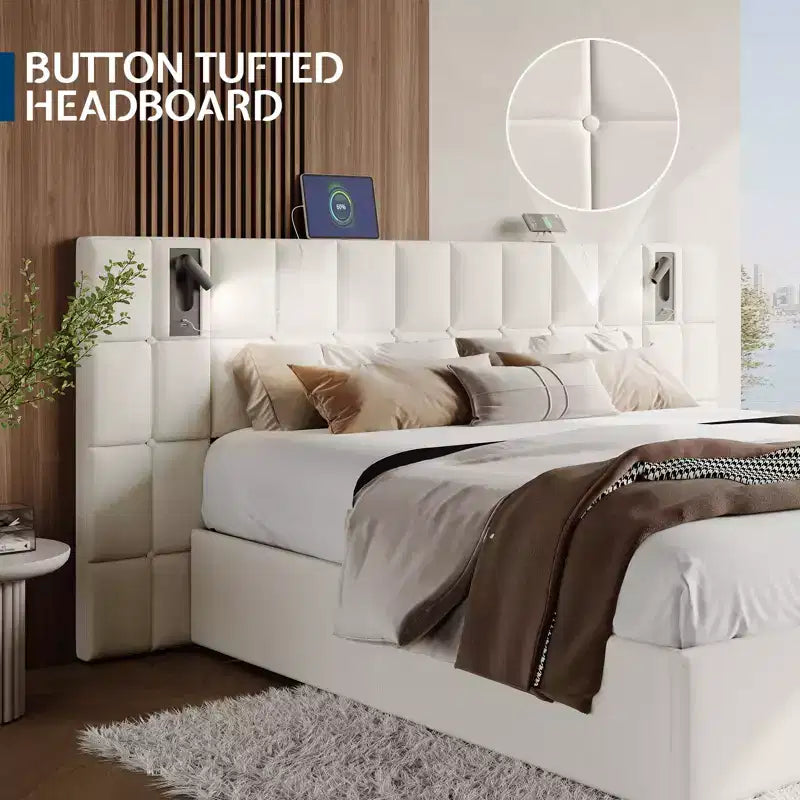 Struttura Letto Imbottita in Velluto con Testiera Larga, Contenitore Sollevabile e LED Integrati