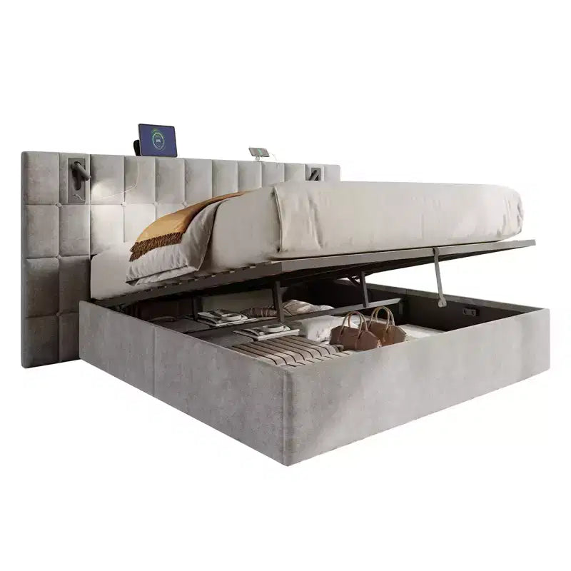 Upholstered Velvet Bed Frame with Wide Headboard, Lift-Up Storage & Built-in LED