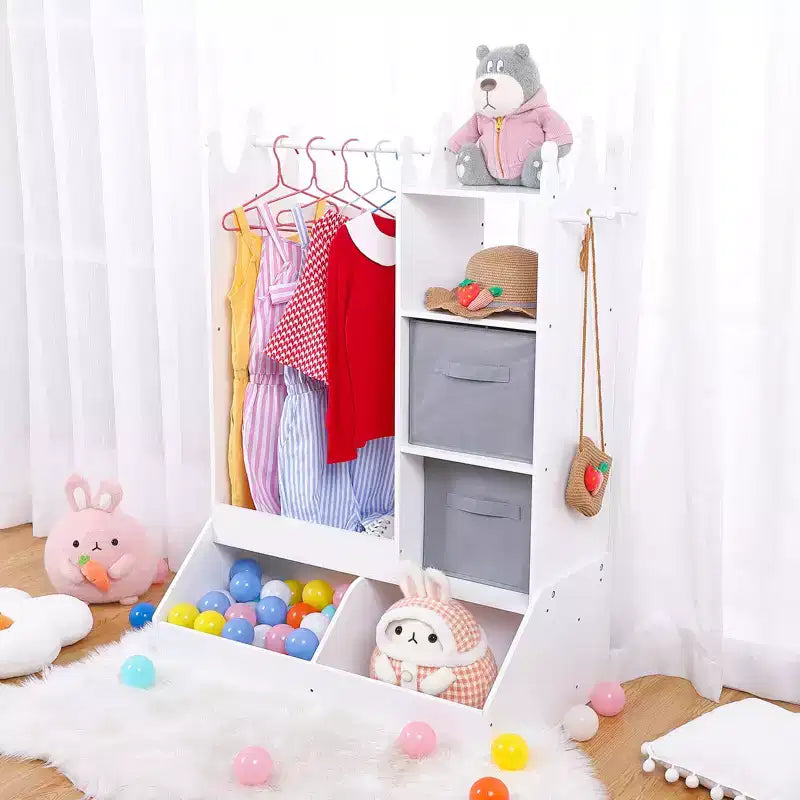 Guardaroba da principessa con specchio, Centro completo per travestimenti con contenitore, 4 ripiani e contenitori in tessuto, Organizer per armadio per bambini per vestiti, giocattoli, scarpe