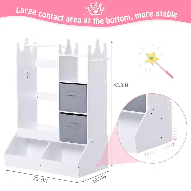 Princess Wardrobe w/Mirror, Complete Dress-Up Center w/ Storage, 4-Tier Shelves & Fabric Bins, Kids Closet Organizer for Clothes, Toys, Shoes