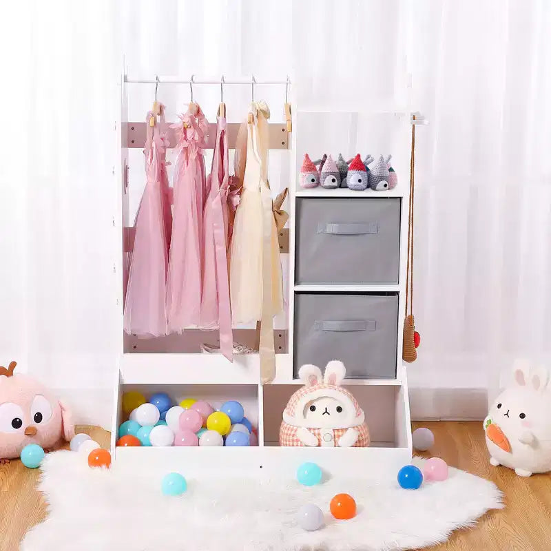 Princess Wardrobe w/Mirror, Complete Dress-Up Center w/ Storage, 4-Tier Shelves & Fabric Bins, Kids Closet Organizer for Clothes, Toys, Shoes