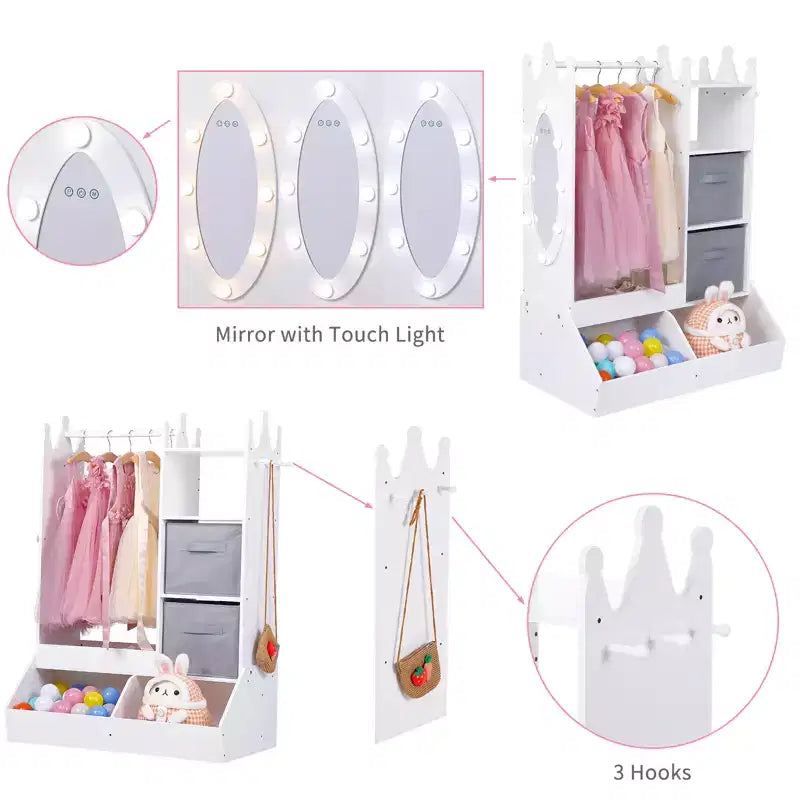 Princess Wardrobe w/Mirror, Complete Dress-Up Center w/ Storage, 4-Tier Shelves & Fabric Bins, Kids Closet Organizer for Clothes, Toys, Shoes