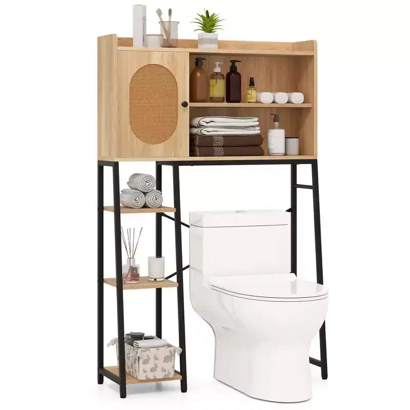 Mobiletto contenitore sopra il WC con anta in rattan PE, organizer salvaspazio