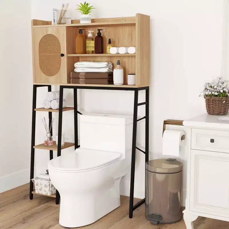 Mobiletto contenitore sopra il WC con anta in rattan PE, organizer salvaspazio