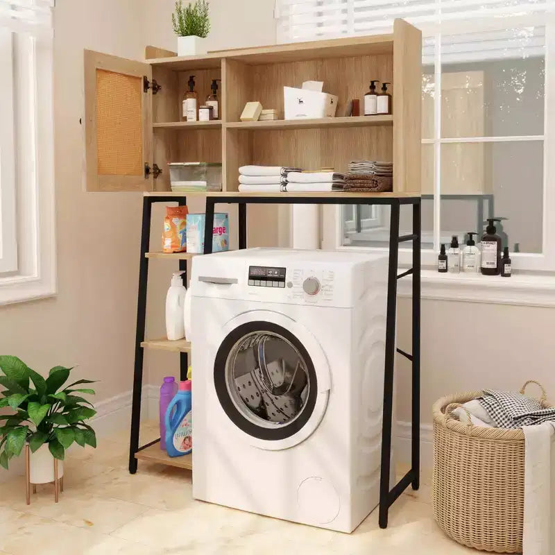 Over-the-Toilet Storage Cabinet with PE Rattan Door, Space-Saving Organizer
