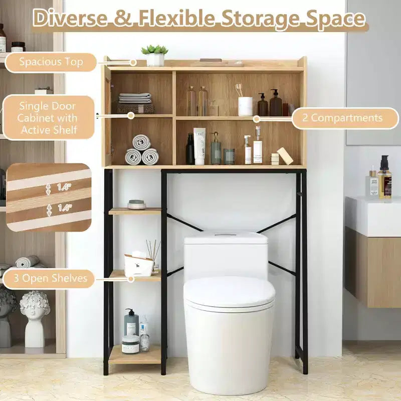 Over-the-Toilet Storage Cabinet with PE Rattan Door, Space-Saving Organizer