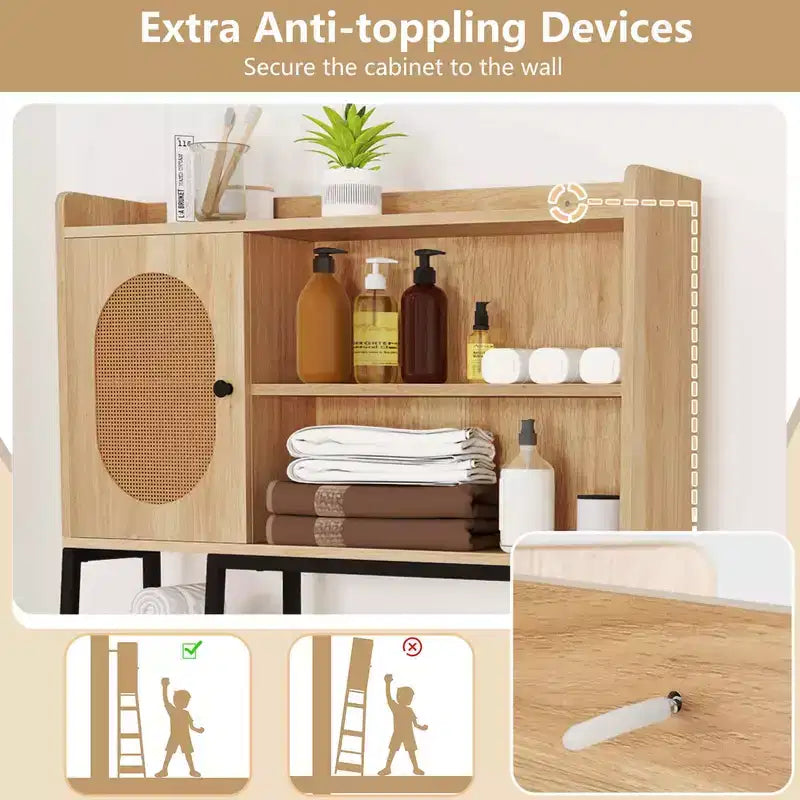 Mobiletto contenitore sopra il WC con anta in rattan PE, organizer salvaspazio