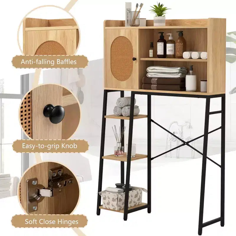 Mobiletto contenitore sopra il WC con anta in rattan PE, organizer salvaspazio