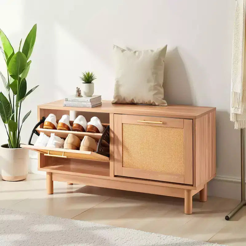 Panca scarpiera da ingresso da 100 cm con cassetti a ribalta effetto rattan e 4 scomparti, 136 kg, marrone