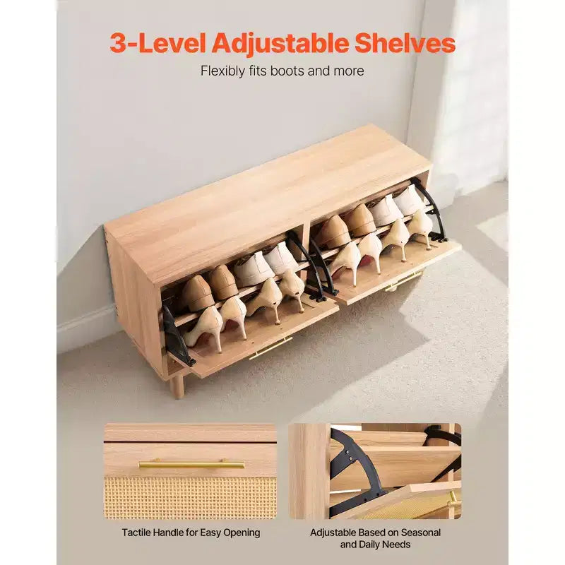 Entryway Shoe Bench 39.4in with Rattan-Like Flip Drawers & 4 Compartments, 300lbs, Brown
