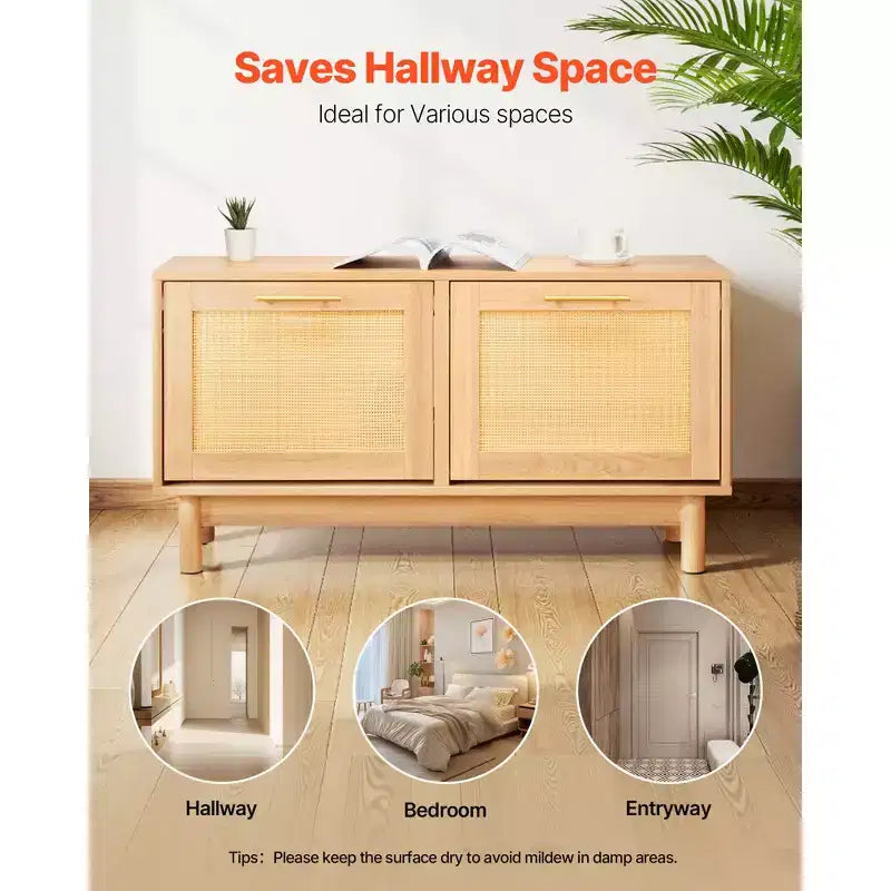Panca scarpiera da ingresso da 100 cm con cassetti a ribalta effetto rattan e 4 scomparti, 136 kg, marrone