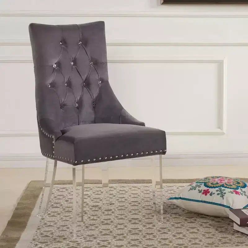 Gobi Modern Tufted Dining Chair in Gray Velvet with Acrylic Legs