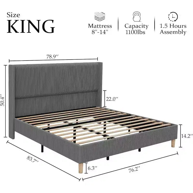 Full Size Corduroy Upholstered Bed Frame with Wingback Headboard & Wood Slats, Grey