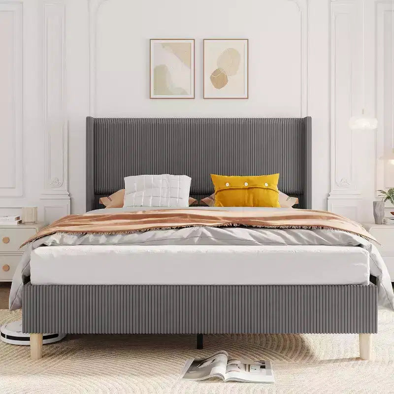 Full Size Corduroy Upholstered Bed Frame with Wingback Headboard & Wood Slats, Grey