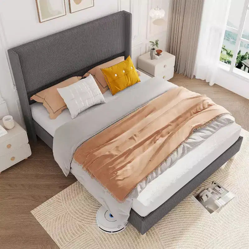 Struttura letto in velluto a coste full size con testiera ad alette e doghe in legno, grigio