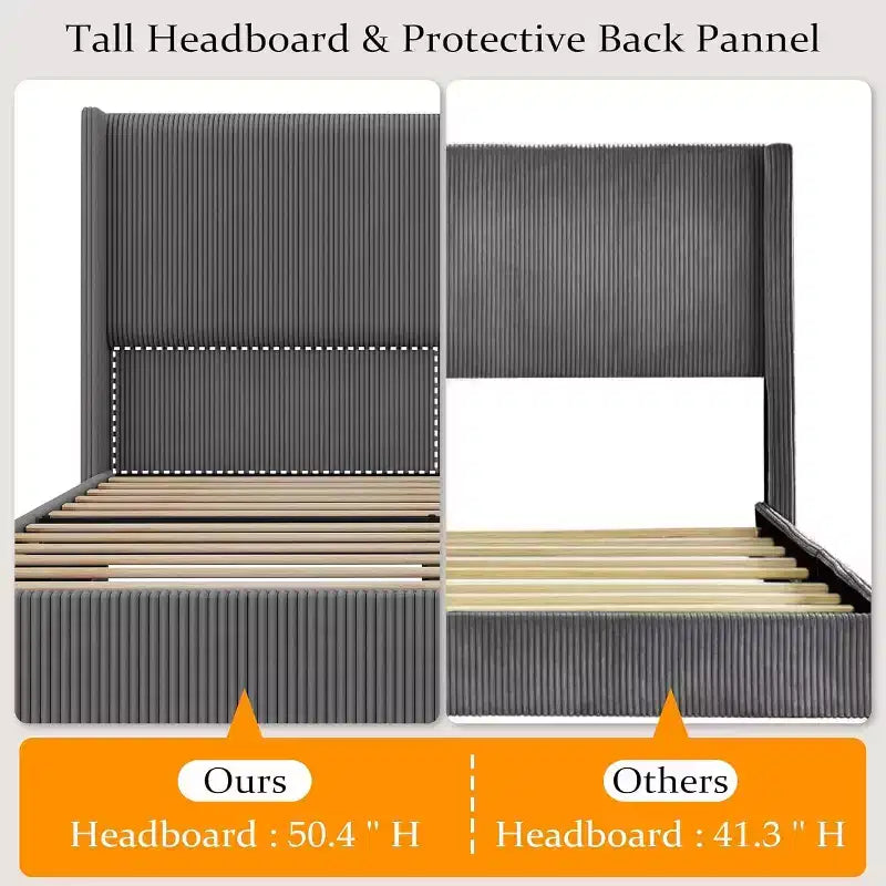 Full Size Corduroy Upholstered Bed Frame with Wingback Headboard & Wood Slats, Grey
