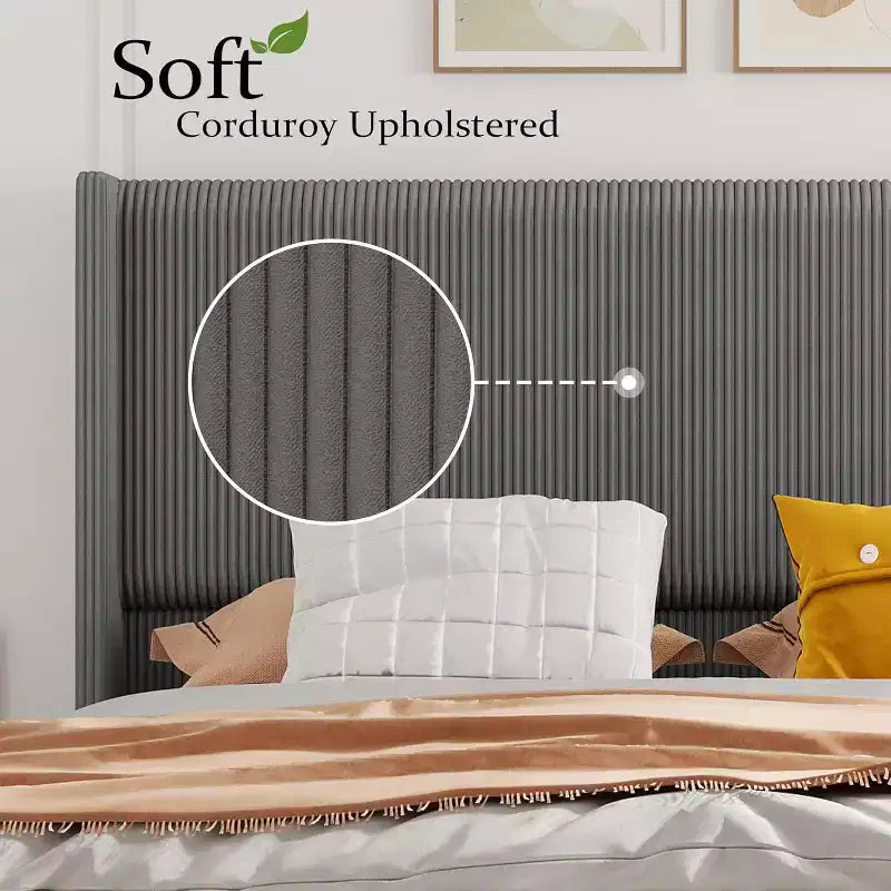 Struttura letto in velluto a coste full size con testiera ad alette e doghe in legno, grigio
