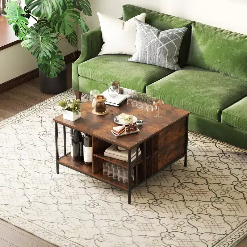 31.5 Inch Farmhouse Lift-Top Coffee Table with Adjustable Height, Hidden Compartment & 3 Shelves