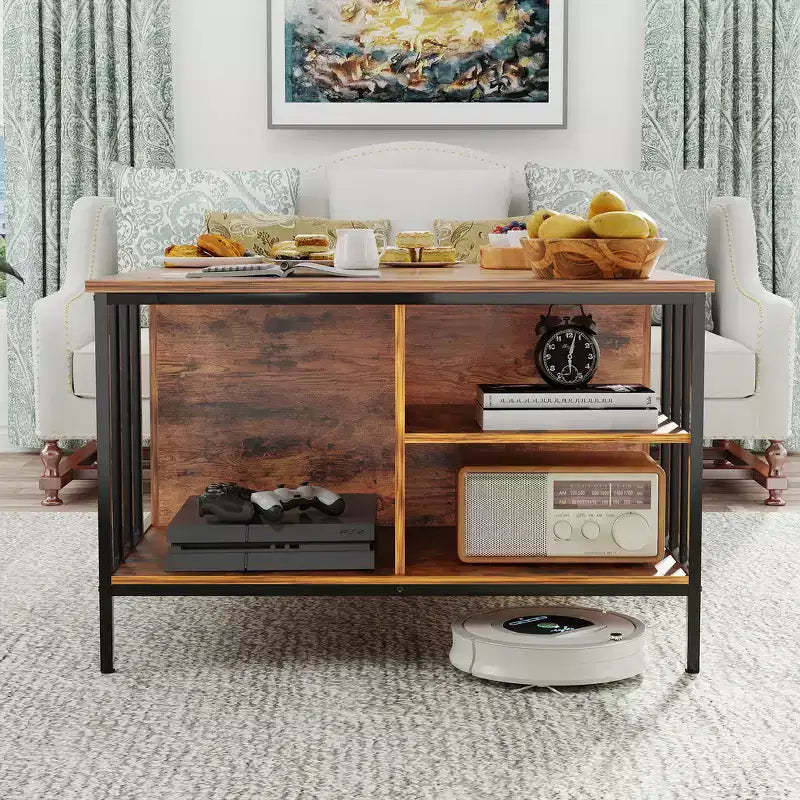 31.5 Inch Farmhouse Lift-Top Coffee Table with Adjustable Height, Hidden Compartment & 3 Shelves