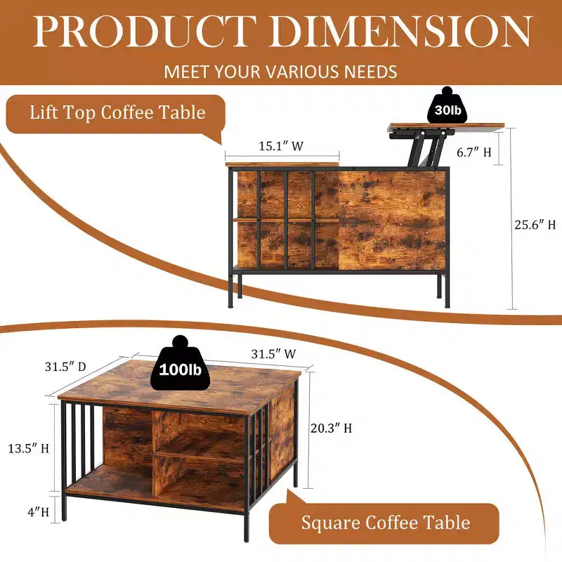 Tavolino da caffè sollevabile da 31,5 pollici in stile rustico con altezza regolabile, scomparto nascosto e 3 ripiani
