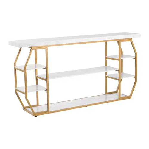 VEVOR Marble Console Table, 3 Tiers Modern Console Table for Open Storage, Golden Geometric Table with Iron Tubes, Anti-Tip Device, Gold