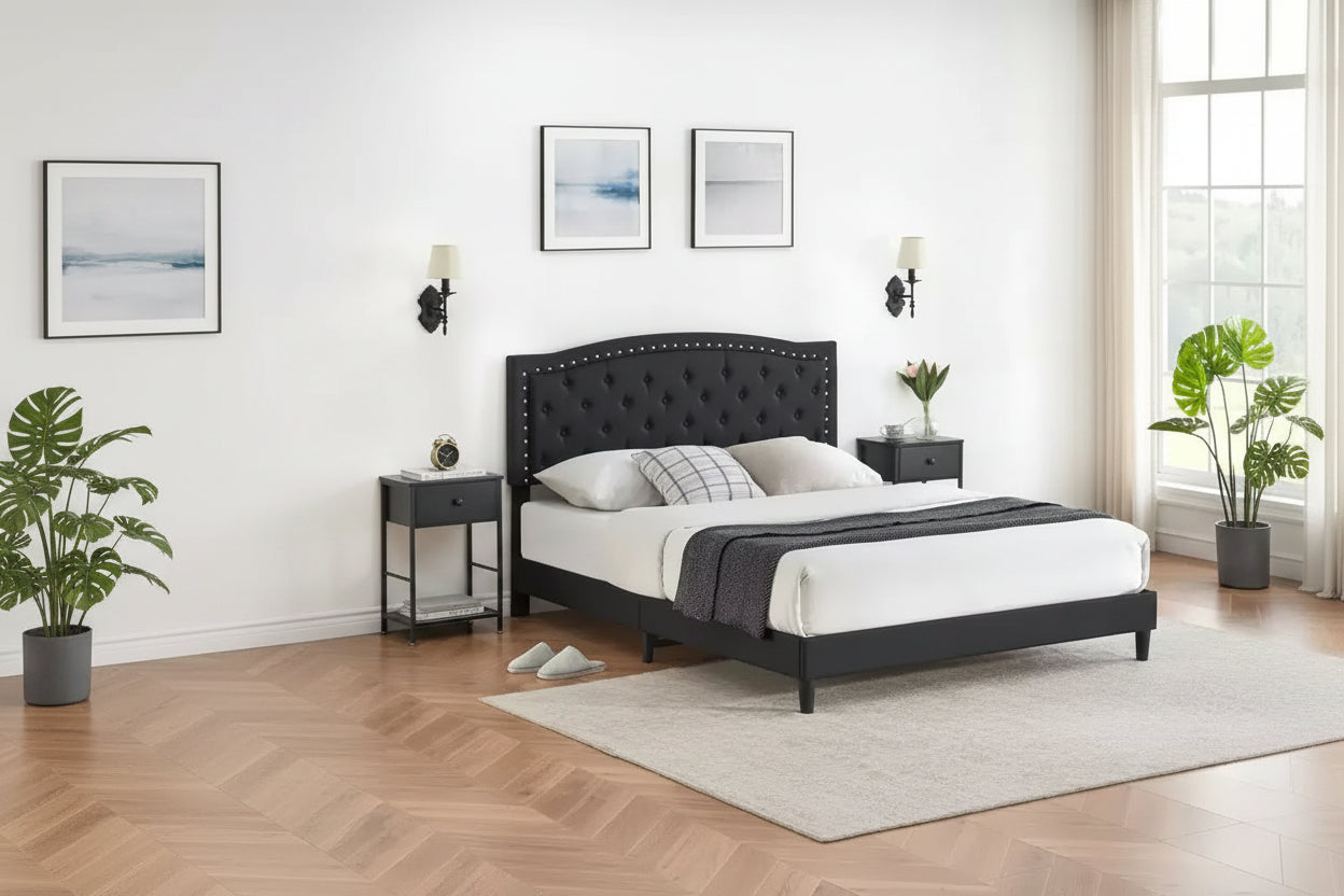 Full Size Upholstered Bed Frame with Adjustable Headboard Button-Tufted Wing Back Headboard
