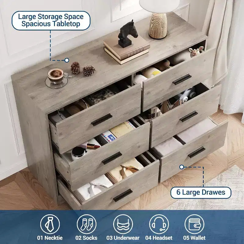 Comò a 6 cassetti con maniglie in metallo, Cassettiera moderna e Mobile porta TV per camera da letto