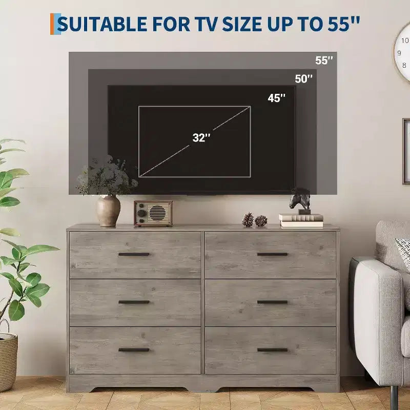 Comò a 6 cassetti con maniglie in metallo, Cassettiera moderna e Mobile porta TV per camera da letto