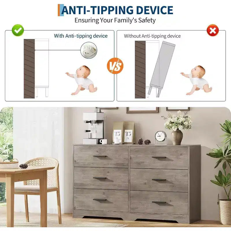 Comò a 6 cassetti con maniglie in metallo, Cassettiera moderna e Mobile porta TV per camera da letto