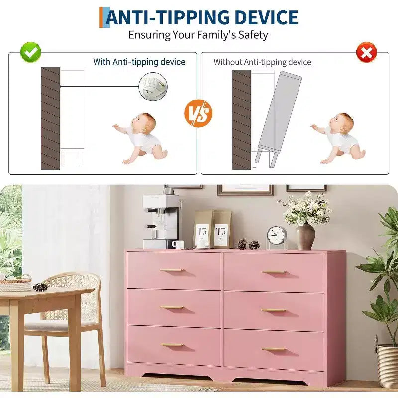 Comò a 6 cassetti con maniglie in metallo, Cassettiera moderna e Mobile porta TV per camera da letto