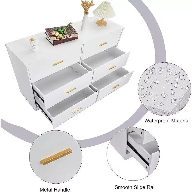 Comò a 6 cassetti con maniglie in metallo, Cassettiera moderna e Mobile porta TV per camera da letto