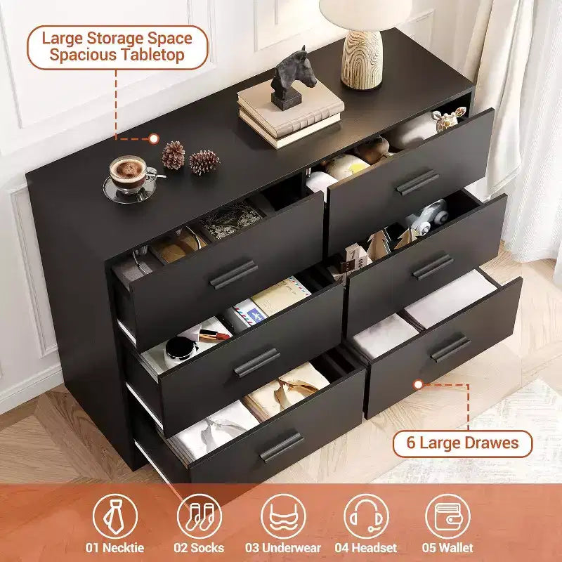 Comò a 6 cassetti con maniglie in metallo, Cassettiera moderna e Mobile porta TV per camera da letto