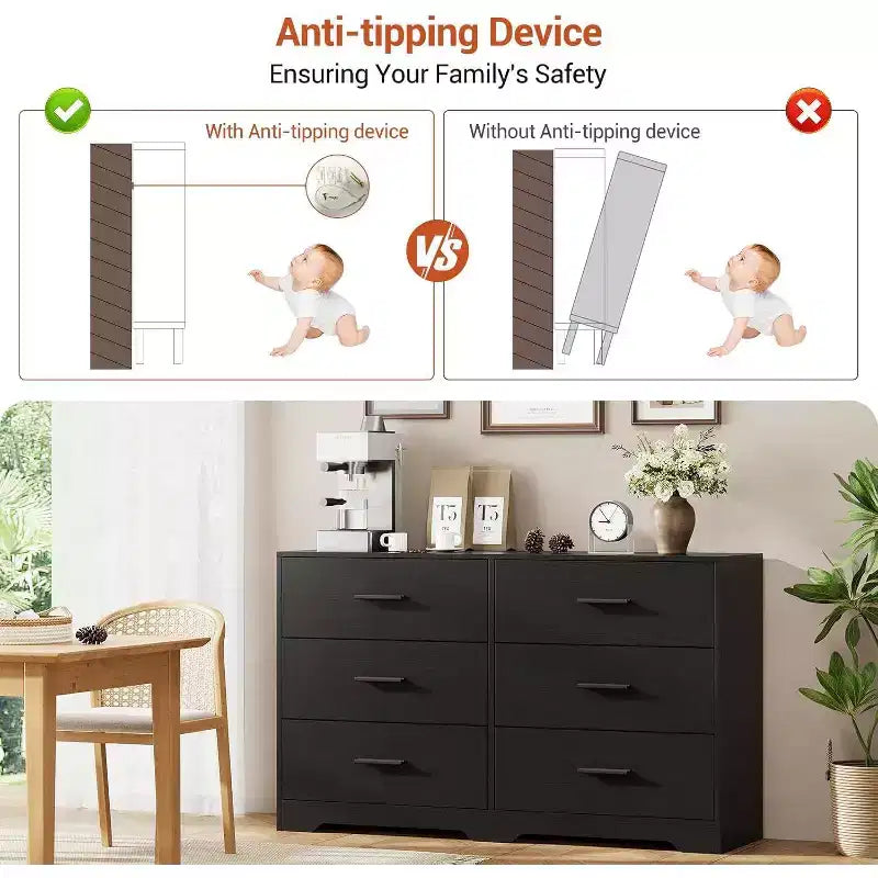 Comò a 6 cassetti con maniglie in metallo, Cassettiera moderna e Mobile porta TV per camera da letto