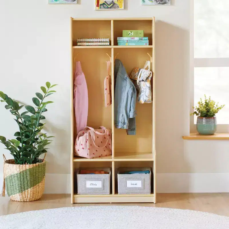 2-Section Wooden Storage Locker with Bench Seat, Kids Cubby Organizer with Shelves & Hooks