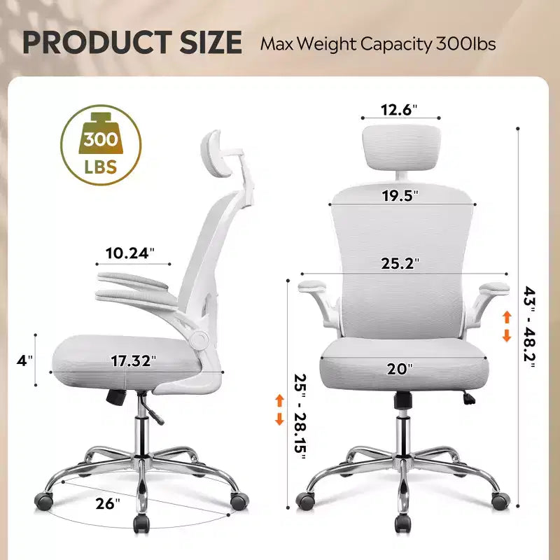 Sedia da Ufficio Ergonomica con Schienale Alto in Rete, Braccioli Ribaltabili, Poggiatesta Regolabile e Supporto Lombare