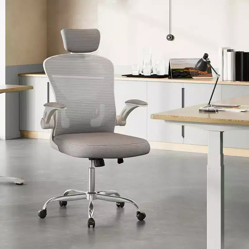 Sedia da Ufficio Ergonomica con Schienale Alto in Rete, Braccioli Ribaltabili, Poggiatesta Regolabile e Supporto Lombare