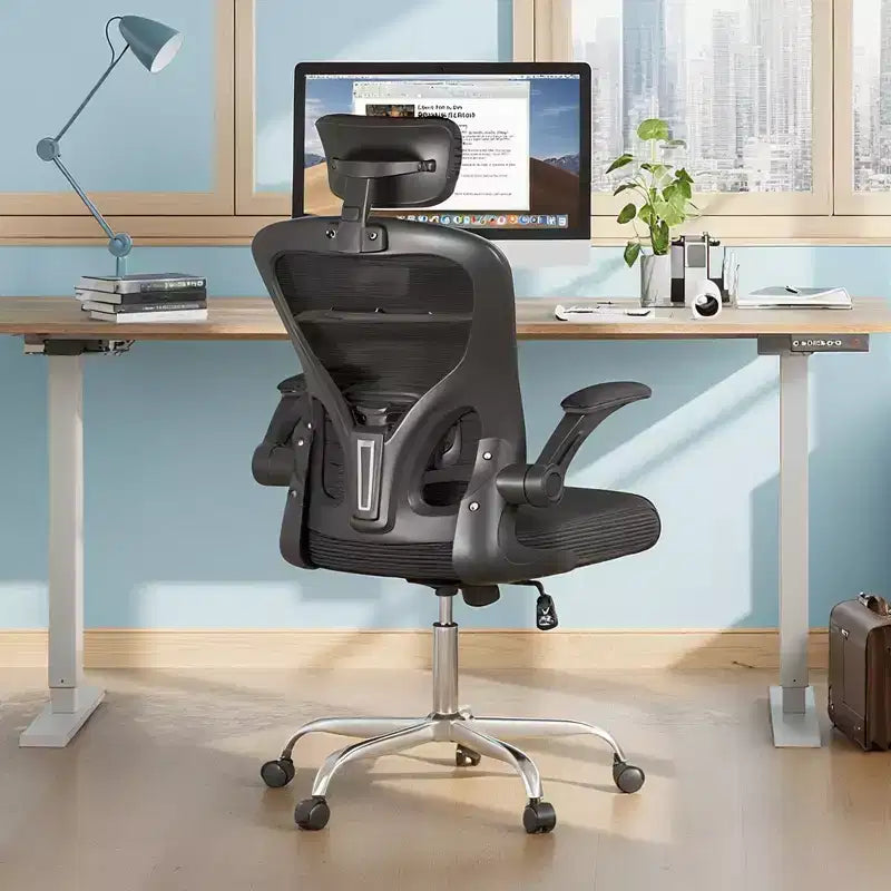 Sedia da Ufficio Ergonomica con Schienale Alto in Rete, Braccioli Ribaltabili, Poggiatesta Regolabile e Supporto Lombare