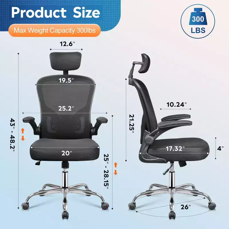 Sedia da Ufficio Ergonomica con Schienale Alto in Rete, Braccioli Ribaltabili, Poggiatesta Regolabile e Supporto Lombare