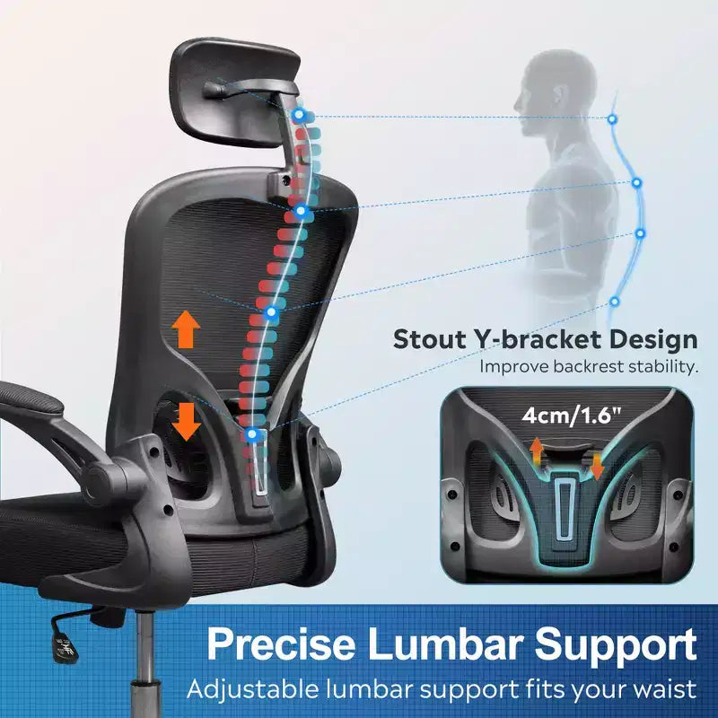 Sedia da Ufficio Ergonomica con Schienale Alto in Rete, Braccioli Ribaltabili, Poggiatesta Regolabile e Supporto Lombare