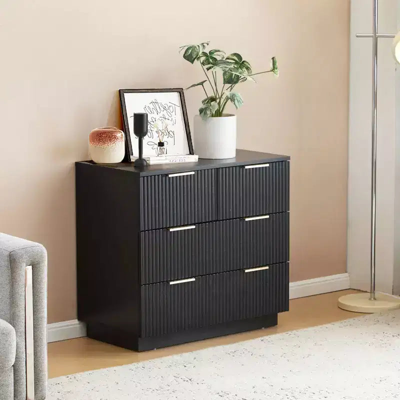 Comodino Nero in MDF a 4 Cassetti, Comodino da 72 cm per Camera da Letto