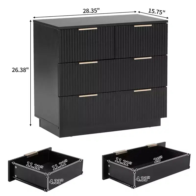 Comodino Nero in MDF a 4 Cassetti, Comodino da 72 cm per Camera da Letto
