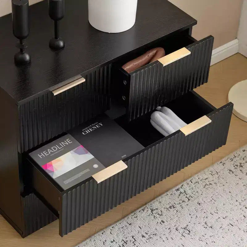 Comodino Nero in MDF a 4 Cassetti, Comodino da 72 cm per Camera da Letto