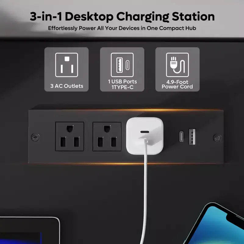 59 Inch Office Desk with Charging Station, Keyboard Tray & Drawers, Modern Executive Desk