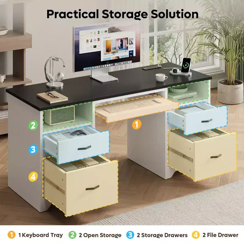 59 Inch Office Desk with Charging Station, Keyboard Tray & Drawers, Modern Executive Desk