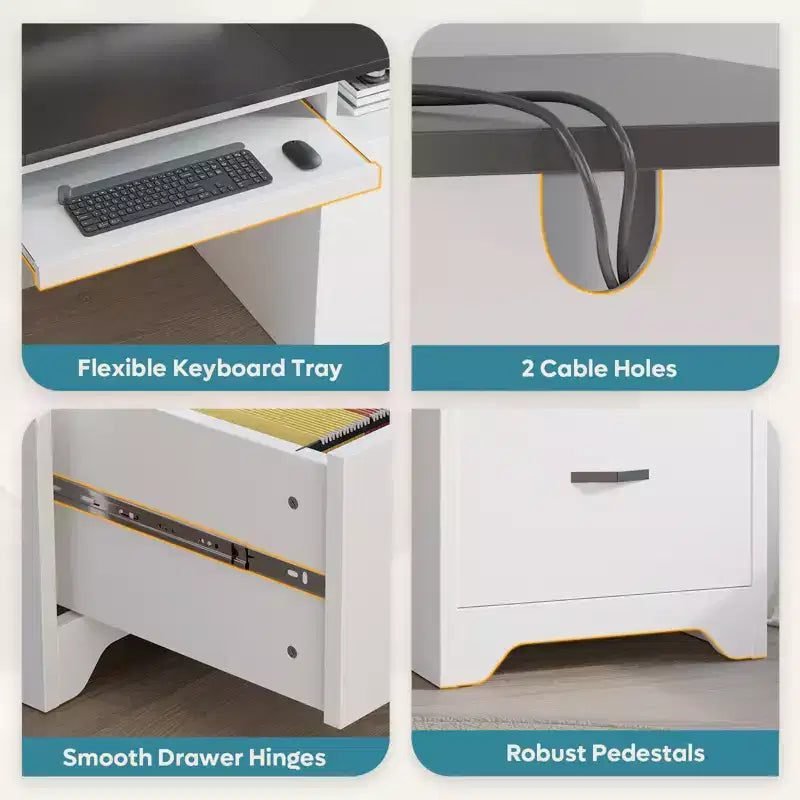 59 Inch Office Desk with Charging Station, Keyboard Tray & Drawers, Modern Executive Desk